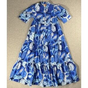 Farm Rio Midi Dress Anthropologie Buttondown Tiered Floral Blue Size XS NWT
